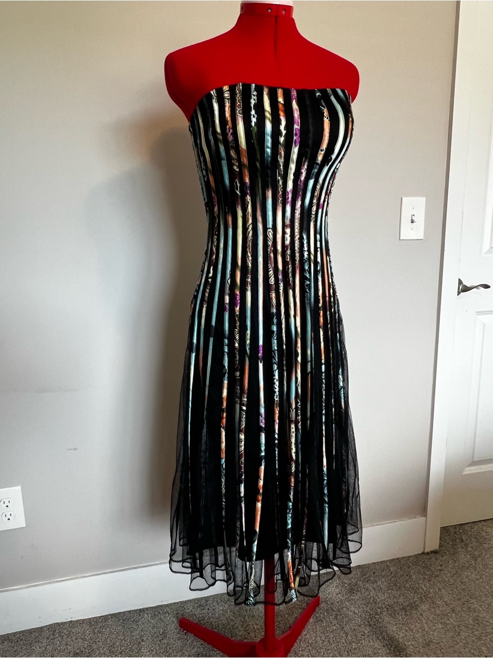 Strapless Black Midi Dress with Vertical Multi-Color Stripes